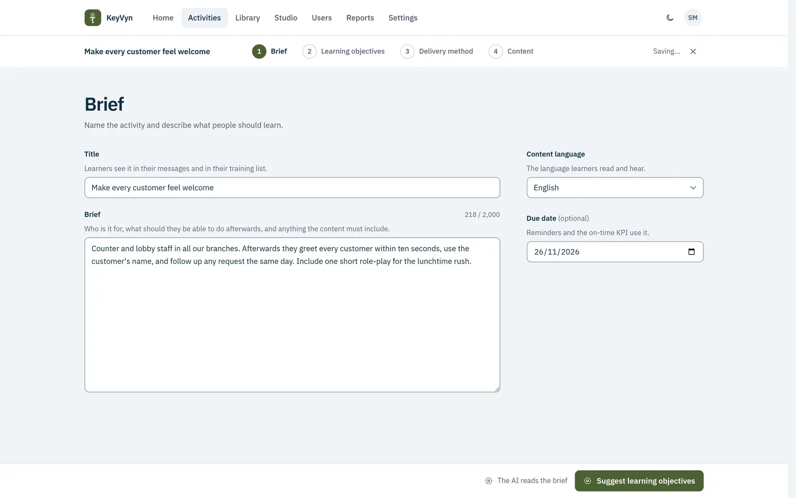 The brief step: a title and a few lines on what branch staff should learn.