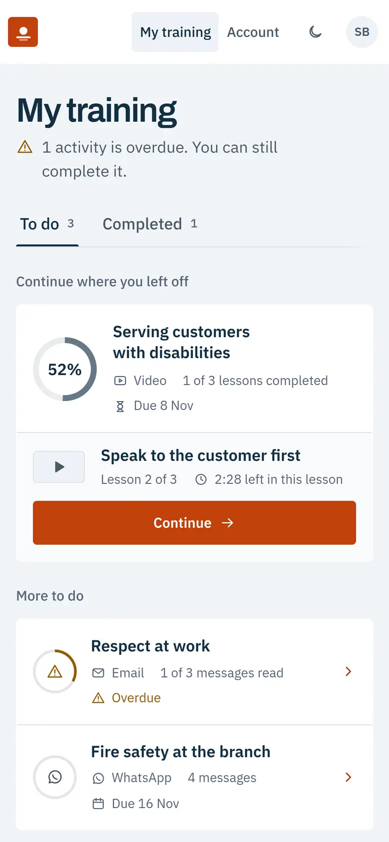 The same learner home in an energy company's orange brand.
