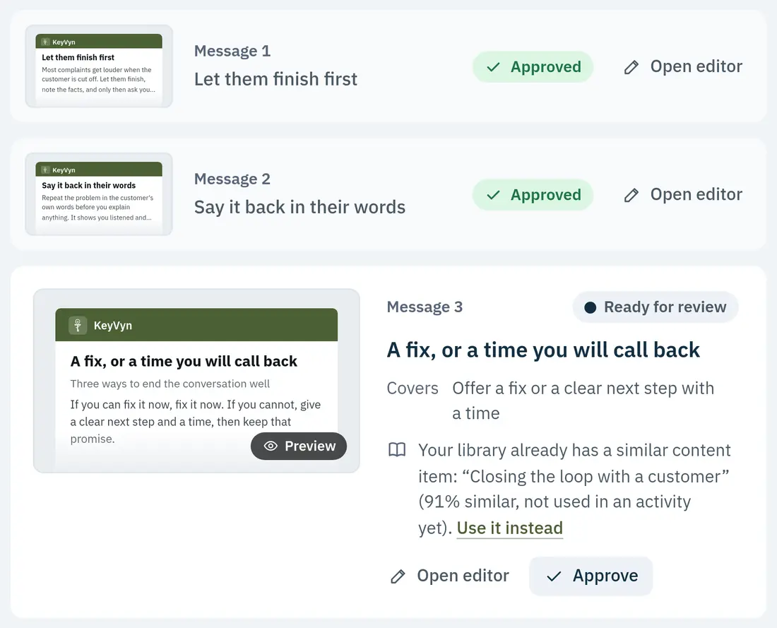 KeyVyn content review: two messages approved, a third ready for review with an Approve button.