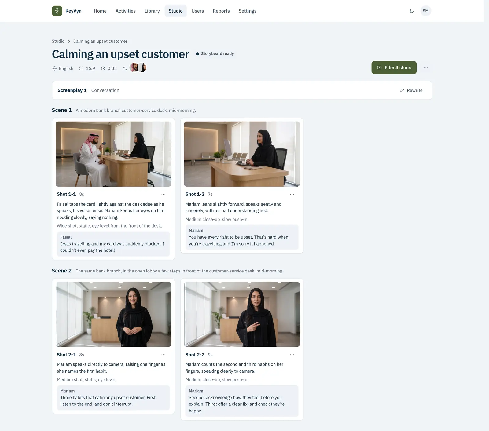 The Studio storyboard for Calming an upset customer: four stills of Faisal and Mariam, each with its action, camera and line, ready to film.