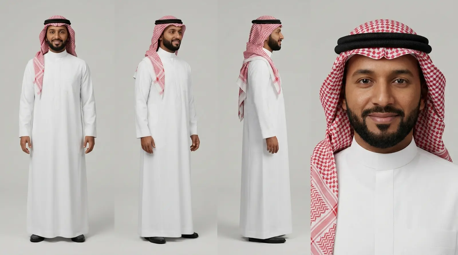 Reference sheet of Faisal: a man in a white thobe and a red and white shemagh, seen from the front, three-quarter and side, with a close-up of his face.
