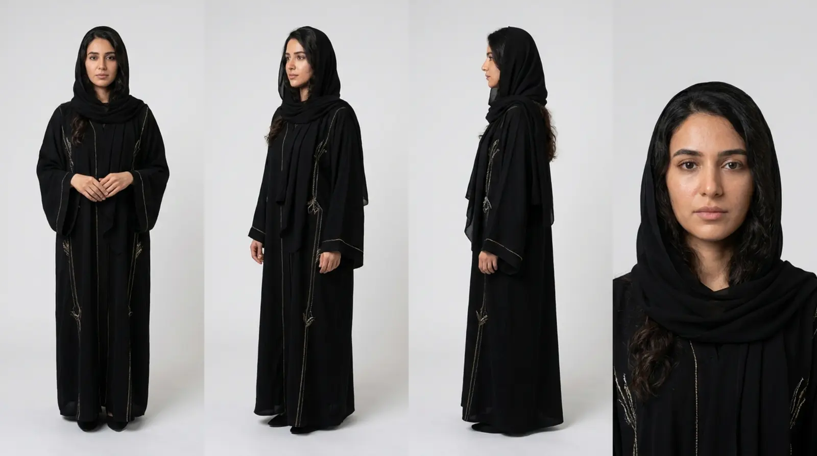 Reference sheet of Mariam: a woman in a black abaya and shayla, seen from the front, three-quarter and side, with a close-up of her face.