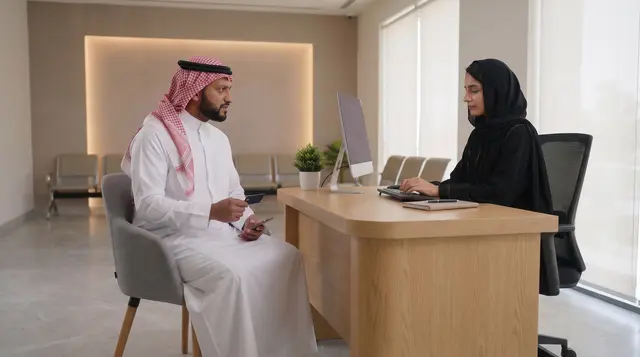 Mariam looks up from the monitor to Faisal and explains in a plain, reassuring tone, using a small open-hand gesture.