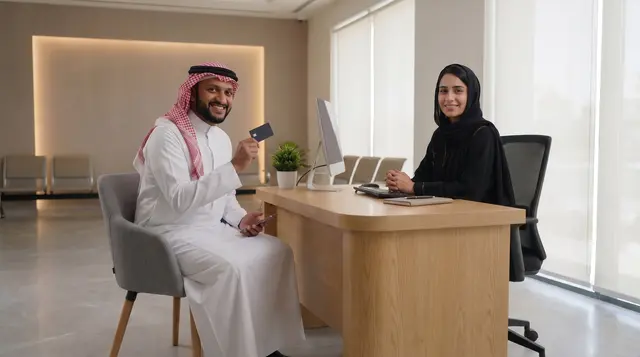 Faisal places his right hand on his chest in thanks and stands up from the chair, staying on screen left.